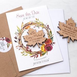 Fall Save The Date Magnet with Cards, Wedding Maple Leaf Save-The-Dates, Custom Magnets, Rustic Wedding Save the Date, Autumn Floral Wreath