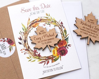 Fall Save The Date Magnet with Cards, Wedding Maple Leaf Save-The-Dates, Custom Magnets, Rustic Wedding Save the Date, Autumn Floral Wreath