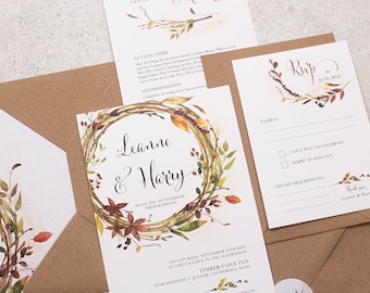 Autumn Leaves Wedding Invitation Set, Rustic Fall Invites with RSVP and Details Card