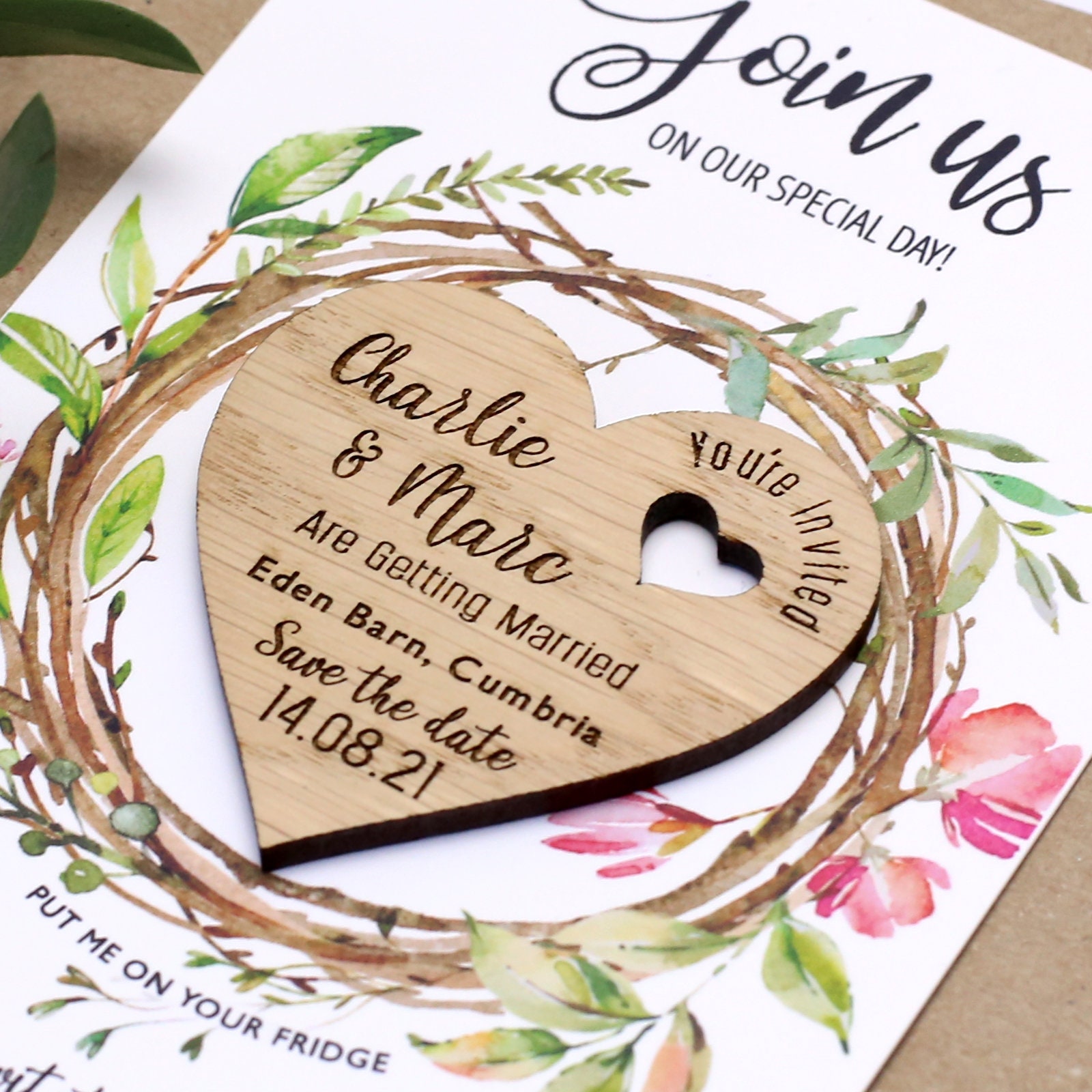 Save the Date Magnets & Cards, Rustic Wooden Heart Save the Dates, Unique  Wedding Announcement, Foliage Botanical Custom Card, Floral Wreath 