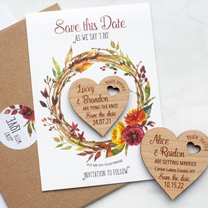 Save The Date Magnet with Cards, Autumn Fall Wedding Heart Save-The-Dates, Rustic Wooden Announcement Magnet, Summer, Spring, Floral Wreath