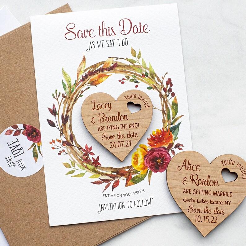 Save the Date Magnet With Cards, Autumn Fall Wedding Heart Save-the ...