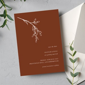 Terracotta Save the Date Karte, Blatt Laub Save the Dates, Elegante Rust Fall Boho Save the Date mit Umschlägen, Zimt Save the Date