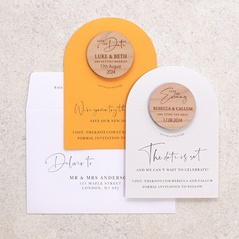 Yellow arched save the date magnets and cards, rustic modern coloured cards with white ink, luxury classic kraft save the date cards, orange image 1