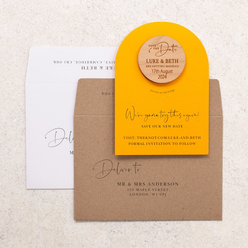 Yellow arched save the date magnets and cards, rustic modern coloured cards with white ink, luxury classic kraft save the date cards, orange image 4
