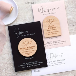 Arched Save the date magnets + Cards, Coloured save the date cards, Modern round wooden save the dates, Luxury wedding heart save the dates