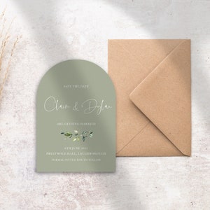 gewölbte Save the Date Karten, salbeigrünes Laub Save the Date mit Umschlägen, botanisch gefärbt Save our date, grün Save the Dates ERGN107