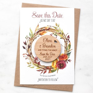 Save the Date Round Magnet With Cards, Autumn Fall Wedding Kraft Save ...