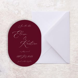Ovale Burgunder-Save-the-Date-Karten mit Umschlägen, Kalligrafie-Save-the-Date-Ovalkarten, klassische Save-to-Date-Hochzeitskarten