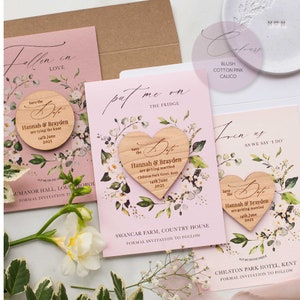 Coloured Save the date magnets & cards, Pink blush save the date cards with magnets, White Floral Evergreen Wedding Magnets, Botanical