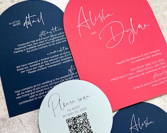 May include: A set of wedding stationery including a large arch-shaped red invitation with white text for Alisha and Dylan, a dark blue arch-shaped details card, a circular light blue RSVP card with a QR code, and a small dark blue semi-circle tag.
