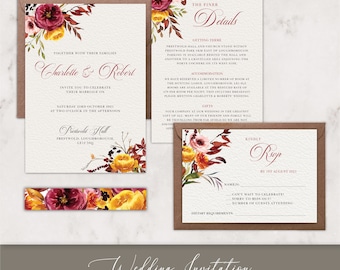 Fall Wedding Invitation, Romantic Invite Suite, Burgundy Autumn Floral