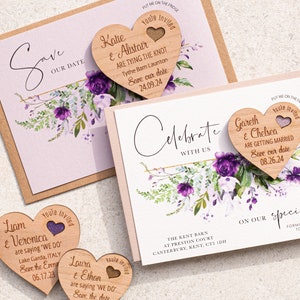 Lila Save the Date Magneten, lila Rose Save the Date Karten, einzigartige Holz Save the Date Ideen, Hochzeit Save the Date