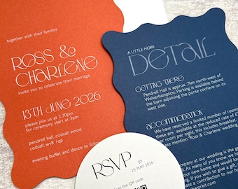 May include: A set of wedding stationery featuring a wavy-edged orange invitation for Ross & Charlene on June 13th, 2026, a matching navy blue details card with event information, and a circular white RSVP card with a QR code and text.