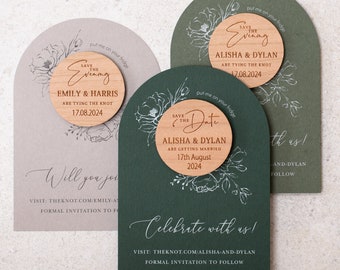 Green arched save the date magnets and cards, sage floral coloured cards with white ink, luxury classic flower save the date cards