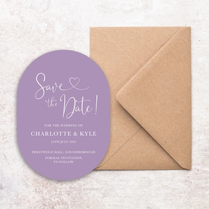Réservez vos cartes lilas ovales avec enveloppes, réservez vos dates, bleu moderne réservez nos dates de mariage