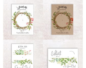 May include: Four wedding save-the-date cards by Nivi Design. Two cards feature a circular wreath illustration with floral accents and the text Join us on our special day. Two cards feature horizontal greenery borders with the text Celebrate with us on our special day. All cards include the text Formal invitation to follow and Put me on your fridge.