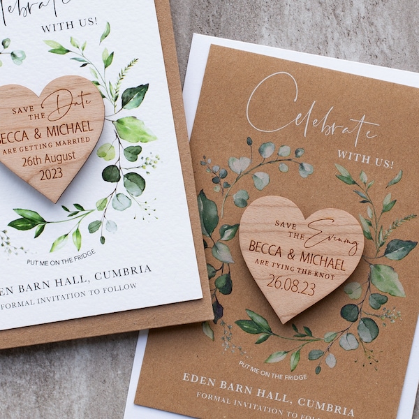 Retenez la date aimant + cartes, Cartes de réservation de coeur de verdure, Mariage en bois unique, réservez les dates, Feuillage de jardin Été Printemps Automne