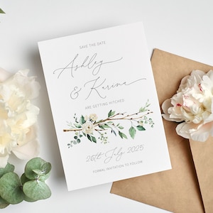 Weiße Blumen Save the Date Karten, Sommer Frühlings Hochzeit Save the Dates, Botanische rustikale Save the Date Karte, weiße Rose GRDROS100