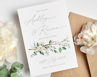 White floral save the date cards, summer spring wedding save the dates, Botanical rustic save the date card, white rose GRDROS100