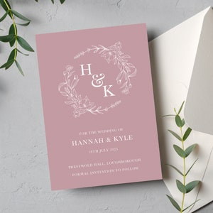 Blush Save the Date Karte, rosa Kranz Save the Dates, Elegante botanische Blumen Save the Date mit Umschlägen