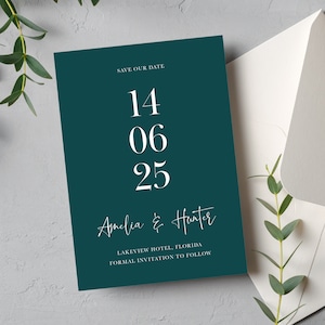 Teal Grün Save the Date Karte, Modernes Datum Save the Dates, Modernes Türkis Save the Date mit Umschlägen