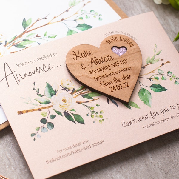 Heart save the date magnets and cards, Floral Save the date cards, unique save the date idea, rustic wood save the date cards, spring summer