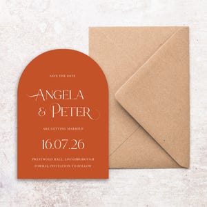 Arche orange brûlé Cartes "Retenez cette date" avec enveloppes, Cartes "Retenez cette date" modernes, Cartes "Retenez notre date" à l'encre blanche
