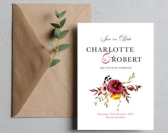 Fall save the date cards, Autumn fall wedding save the date cards with envelopes, romantic elegant FLRM100a