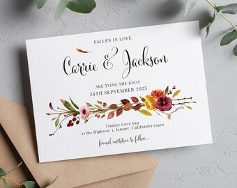 Fall save the date cards, Autumn fall wedding save the date cards with envelopes FLWTH100c