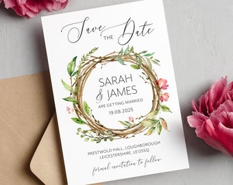 Floral wreath save the date cards, summer boho wedding save the dates, Floral botanical rustic save the date card SRWTH100