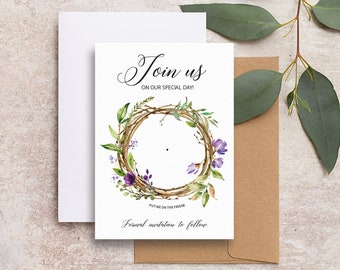 Purple floral wreath save the date backing cards, spring summer wedding save the date cards with envelopes PFWR100a