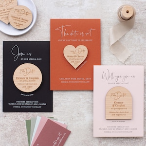 Arch save the date magnets + Cards, Luxury coloured save the date cards, Modern heart wooden save the dates, round wedding save the dates