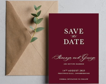 Burgundy save the date card and envelope, Luxury wine save the dates, Script save the date cards