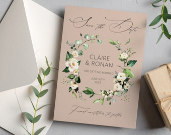 White flower save the date cards, eucaluptus save the dates with envelopes, Botanical floral save our date, green save the dates WTFLR100