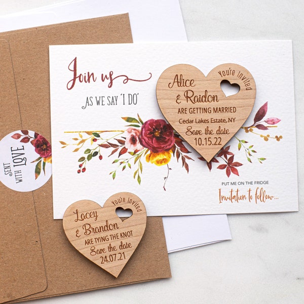 Save The Date Magnet with Cards, Autumn Fall Floral Garden Wedding Heart Save-The-Dates, Wooden Wedding Magnet, Rustic Summer Announcement