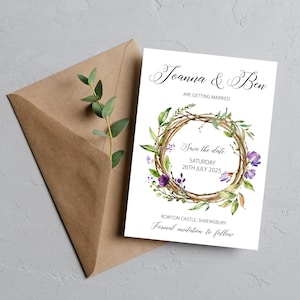 Couronne de fleurs violette, réservez des cartes, mariage printemps été automne automne, réservez des cartes avec enveloppes PFWR100a