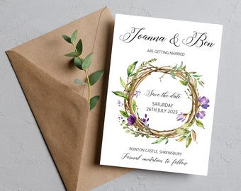 Purple floral wreath save the date cards, spring summer autumn fall wedding save the date cards with envelopes PFWR100a