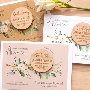Runde Save the Date Magnete & Karten, Luxury Kraft Save the Date Karten, einzigartige rustikale Hochzeitsideen, Save the Dates aus Holz, Frühling Sommer