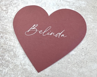Heart wedding place cards, pink personalised name cards, custom guest name place cards