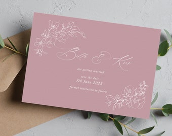 Carte de mariage réservez la date rose poudré, écriture florale élégante réservez les dates, réservez la date de couleur prune BLSM100c