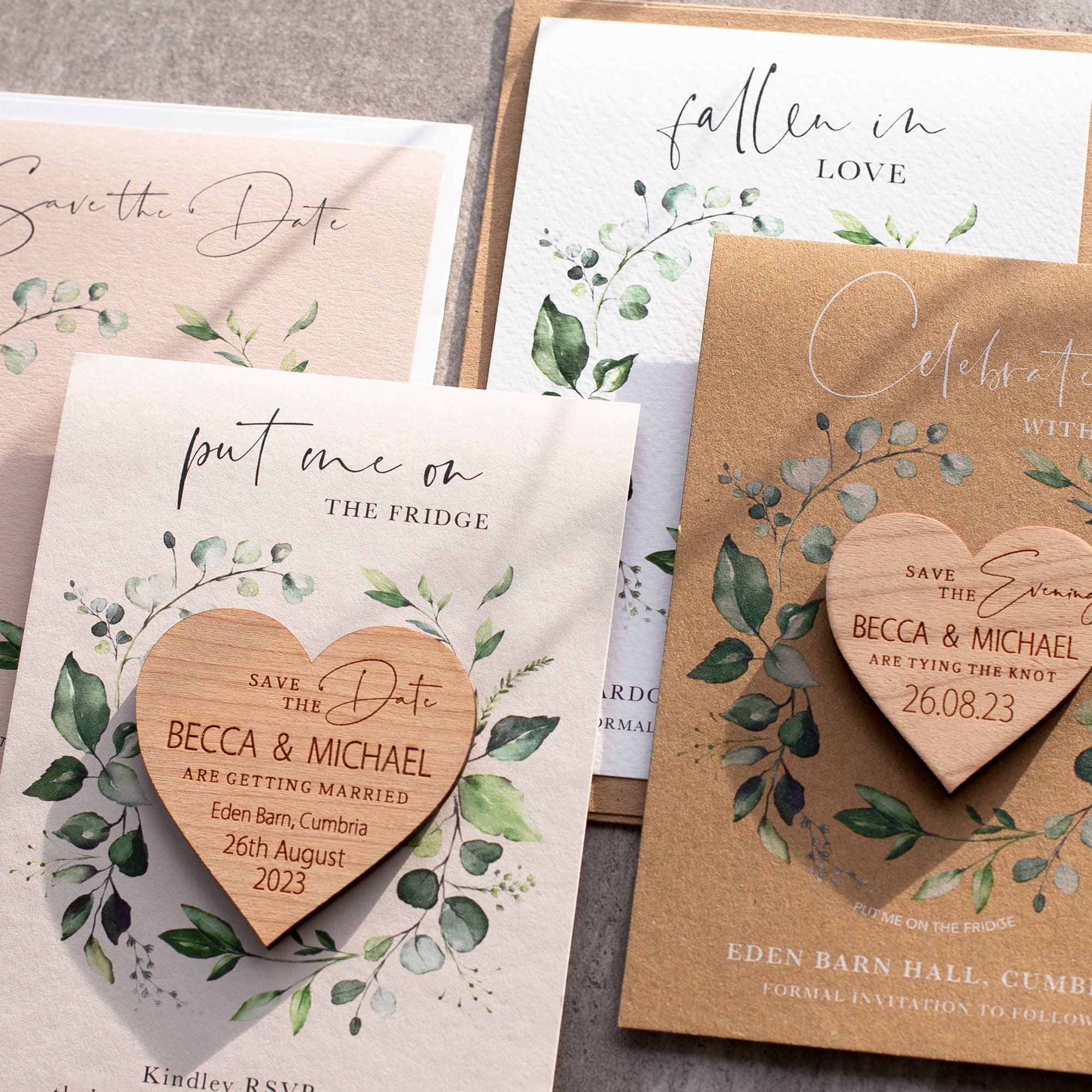 Heart save the date magnets + Cards, Evergreen Summer Spring Fall save the date cards, Custom wooden wedding save the dates, Foliage