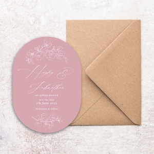 Retenez la date : cartes ovales avec enveloppes, Cartes de réservation rose poudré, Retenez notre date rose de luxe