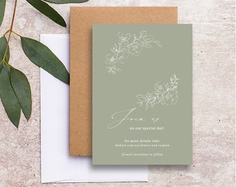 Blossom save the date wedding backing card, elegant sage green backing card for magnets, white ink printed cards for announcement BLSM101