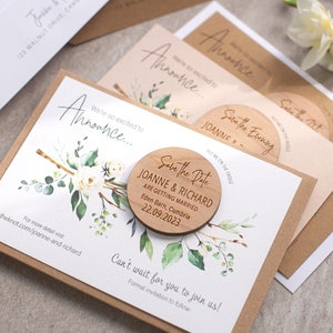 Hochzeit Save the Date Magnet, rund Save the Date mit Karten, einzigartige rustikale Hochzeitsideen, Holz Save the Dates, Floraler Frühling Sommer