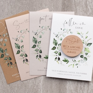 Save the date Magnete - Botanische Eukalyptus Save the Date Karten mit Umschlägen