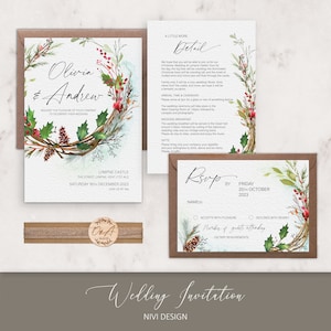 Winter Wreath Wedding Invitation Sample Pack, Christmas Wedding Invite, Rustic Winter Wedding invitation