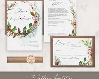 Winter Wreath Wedding Invitation Sample Pack, Christmas Wedding Invite, Rustic Winter Wedding invitation