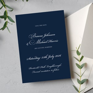 Elegante dunkelblaue Save the Date Karte, elegante Save the Date Karte mit Umschlägen