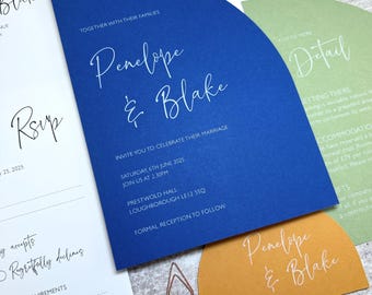 Sail shape Wedding Invitation, Modern blue, green and mustard fun script invite set